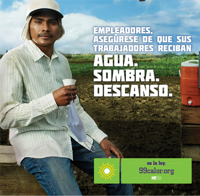 Agricultural worker with caption Employers must provide water, shade, and rest.