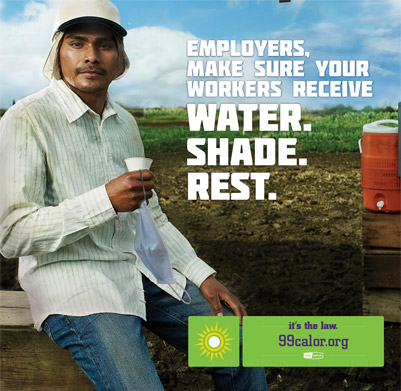 Agricultural worker with caption Employers must provide water, shade, and rest.
