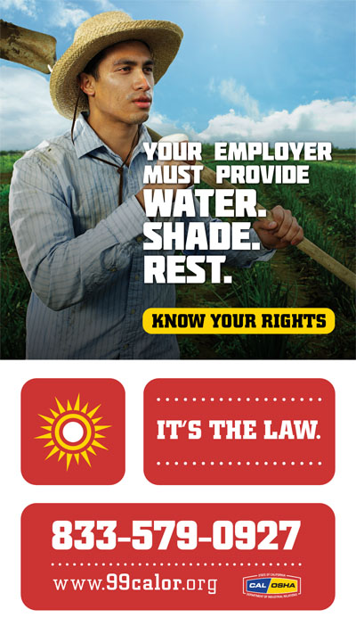 Employers must provice water, shade, rest.  Agricultural worker drinking water.